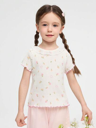 Balabala 甜美罗纹针织荷叶边短袖上衣，适合幼儿女童，饰有精致蕾丝领，全新夏季系列