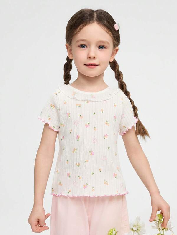 Balabala 甜美罗纹针织荷叶边短袖上衣，适合幼儿女童，饰有精致蕾丝领，全新夏季系列