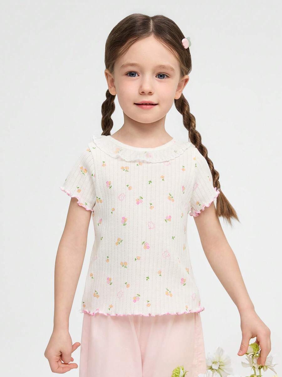 Balabala Áo ngắn tay viền bèo nhún ngọt ngào cho bé gái thuộc bộ sưu tập mùa hè mới, với cổ áo ren tinh tế. - Tông màu trắng - Xem 1