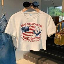 Women's Cropped Short Sleeve Tee, Patriotic USA 250th Anniversary (1776-2026) Graphic Top With American Flag, Statue Of Liberty & Eagle Prints. Boasts Vivid, Long-Lasting, Fade-Resistant Printing, Chic Figure-Flattering Silhouette, Ideal For National Celebrations, Eye-Catching & Timelessly Stylish - trắng - Xem 1