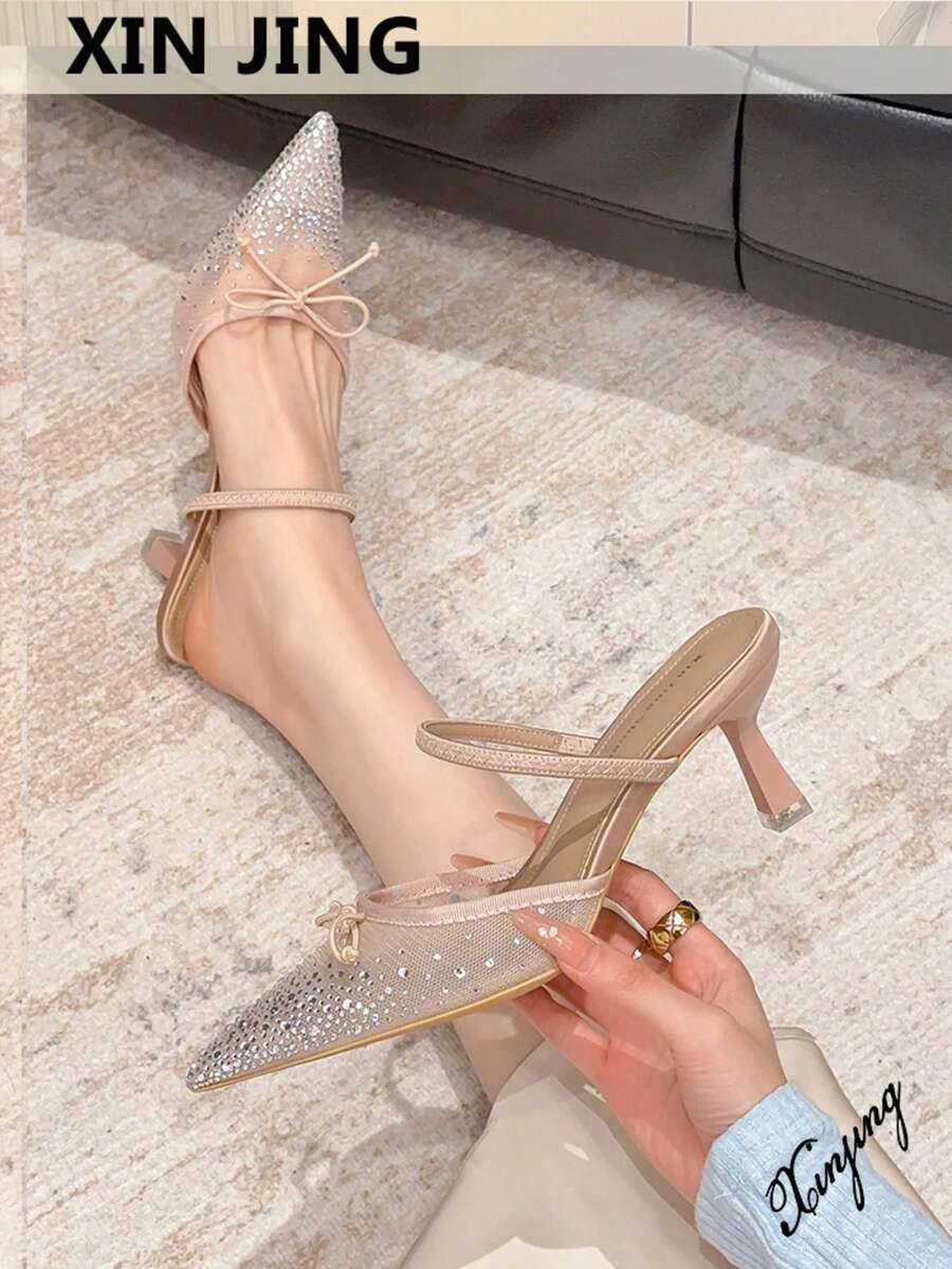 Xin Jing Shoes Women's Elegant Rhinestone Bow Mesh Sexy Fashion Net Yarn One-Strap Commuting Mid-Heel Shoes