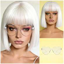 Cyberpunk Bob Wig & Glasses Set - 20+ Neon Colors With Adjustable Fringe | Multi-Tone Synthetic Hair For Cosplay, Rave, Halloween & Daily Bold Fashion (Hot Red/Lime Green/Orange/Light Pink/Plum Purple/Neon Blue/Neon Lilac/Golden Blonde/Black) - 白色 - 查看 3
