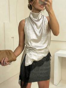 Elegant Minimalist Black Lace High Collar Blouse For Women, Suitable For Daily Wear, Work, Dates And Other Occasions Summer - Champagne - View 3