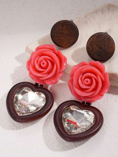 一对花朵和心形吊坠设计耳环，甜美夏日海滩度假风配饰，女士必备