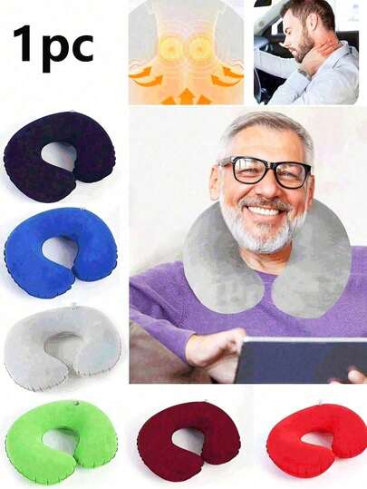U-Shaped Inflatable Travel Neck Pillow - Soft Neck Support For Car And Airplane, Multi-Color, Non-Woven Fabric Material, Provides Comfortable Neck Support For Travel, U-Shaped Neck Support Suitable For Car And Airplane, Soft Plush Surface Material, Outdoor Camping Student Travel Accessory, Easy To Carry, Suitable For Airplane, Car And Home Recliner, Hand Wash