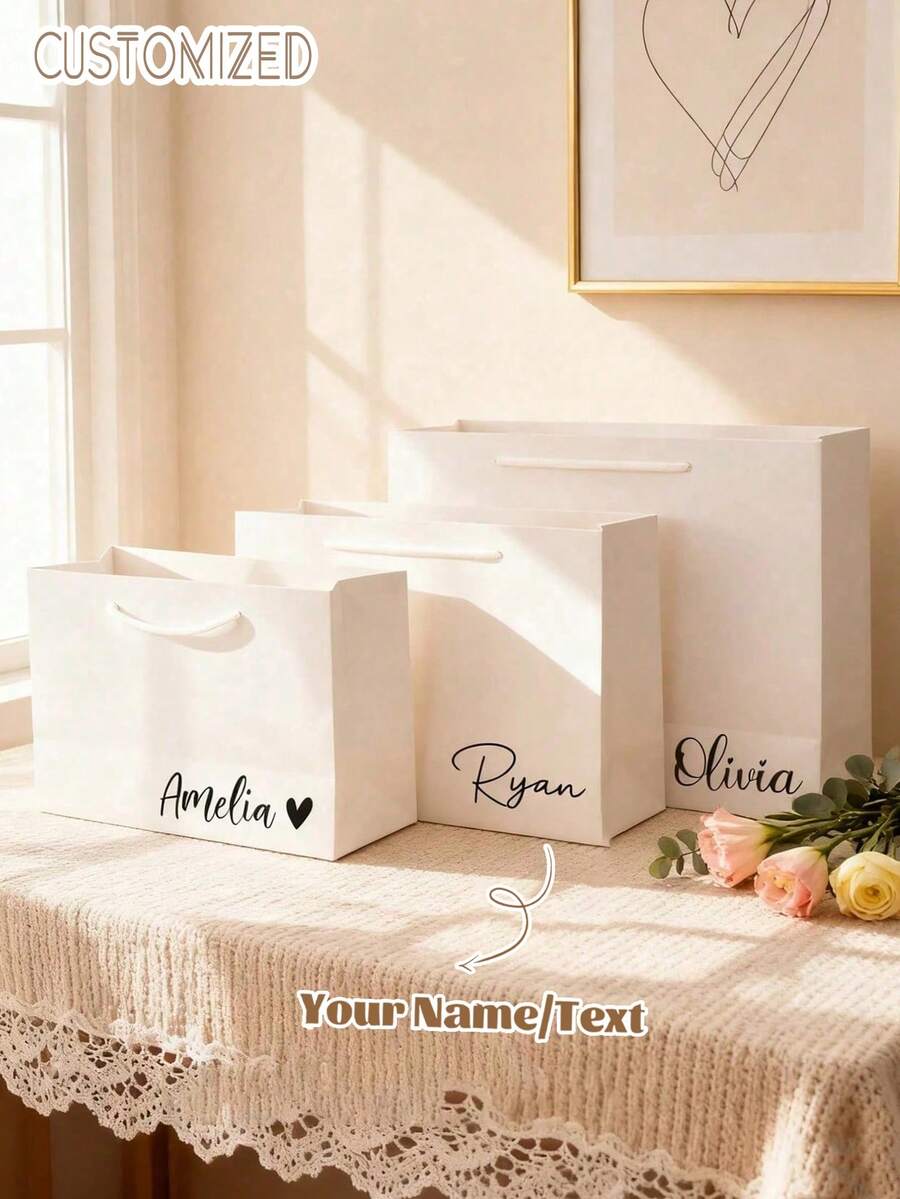 Customized Name Personalized White Paper Gift Bag, Customizable Text Gift Tote Bag, Suitable For Weddings, Birthday Parties, Gift-Ready - Multicolor - View 1
