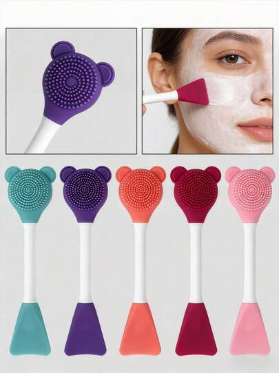 Silikon İki Kafa Temizleme Yüz Sayfası Fırçası, 1 adet Küçük Ayı Şeklinde Masaj Yüz Temizleme Fırçası DIY Çamur Filmi Makyaj Aracı Uygulayın