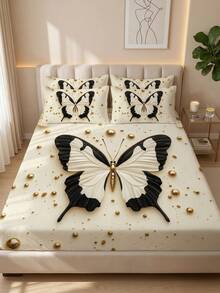 1pc Butterfly & Floral Pattern Fitted Bedsheet, Comfortable Home Textile, Breathable Anti-Pilling Bed Cover, Suitable For Bedroom & Dorm Decor, Fits Twin, Full, Queen, King Size Beds, All Season, Machine Washable, Dust-Proof & Non-Slip, Excludes Pillow & Pillowcase, Perfect Holiday Gift - Multicolor - View 7