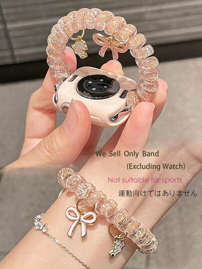 1pc Applicable For Apple Watch Band, Ins Niche Phone Cord Band - Transparent Elastic Band With Cute Cartoon Pendant, Suitable For Apple Watch 38 40 41 42 44 45 46 49mm SE/Ultra/1 2 3 4 5 6 7 8 9 10 11 Series, Fresh Style Elastic Band For Girls, Smart Watch Accessories For Women