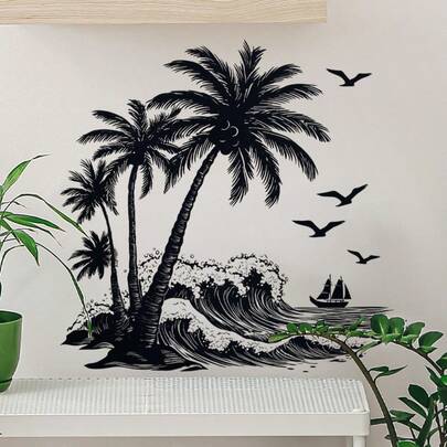 黑色椰子树墙贴，沙滩鸟窗贴，自粘PVC贴纸，适用于客厅、走廊和卧室装饰