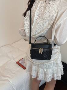 Fashionable Rhombus Pattern Shoulder Crossbody Bag, Large Capacity, Minimalist Luxury Commuter Makeup Bag For Women - Black - View 2