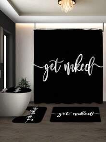 1/3/4 Pcs Black Printed Shower Curtain Set, Non-Slip Bath Mat, U-Shaped Toilet Mat, Toilet Lid Cover, Bathtub Curtain, Bathroom Accessories With 12 Hooks, Bathroom Home Decor, Shower Curtain Set, Bathroom Decor, Home Decor - A - View 3
