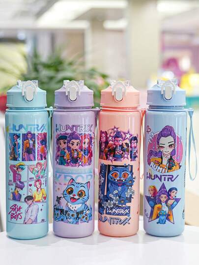 Hasbro Bộ bình nước thể thao chống rò rỉ 750ml KPOP Witch Hunters, in hình nhân vật anime và thú cưng, nắp đóng mở một chạm và dây đeo tiện lợi, thích hợp làm quà sinh nhật, Giáng sinh, Lễ Tạ ơn, cho người hâm mộ K-Pop, các hoạt động ngoài trời và quà tặng ngày lễ.