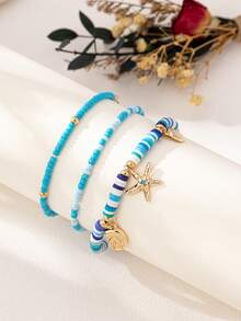 3 Peças Conjunto de Pulseiras Boêmias de Férias com Contas, Polímero de Argila, Estrela do Mar e Conchas, Acessórios de Estilo Praia - Azul - Visão 2