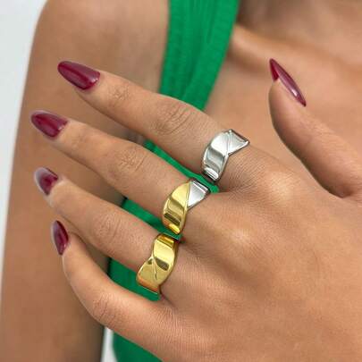 3Pcs/1Pc Luxury 18K Gold Plated 304 Stainless Steel Wave Ring, Smooth Curved Twisted Chunky Band Ring, Elegant Statement Jewelry For Evening Out & Formal Events