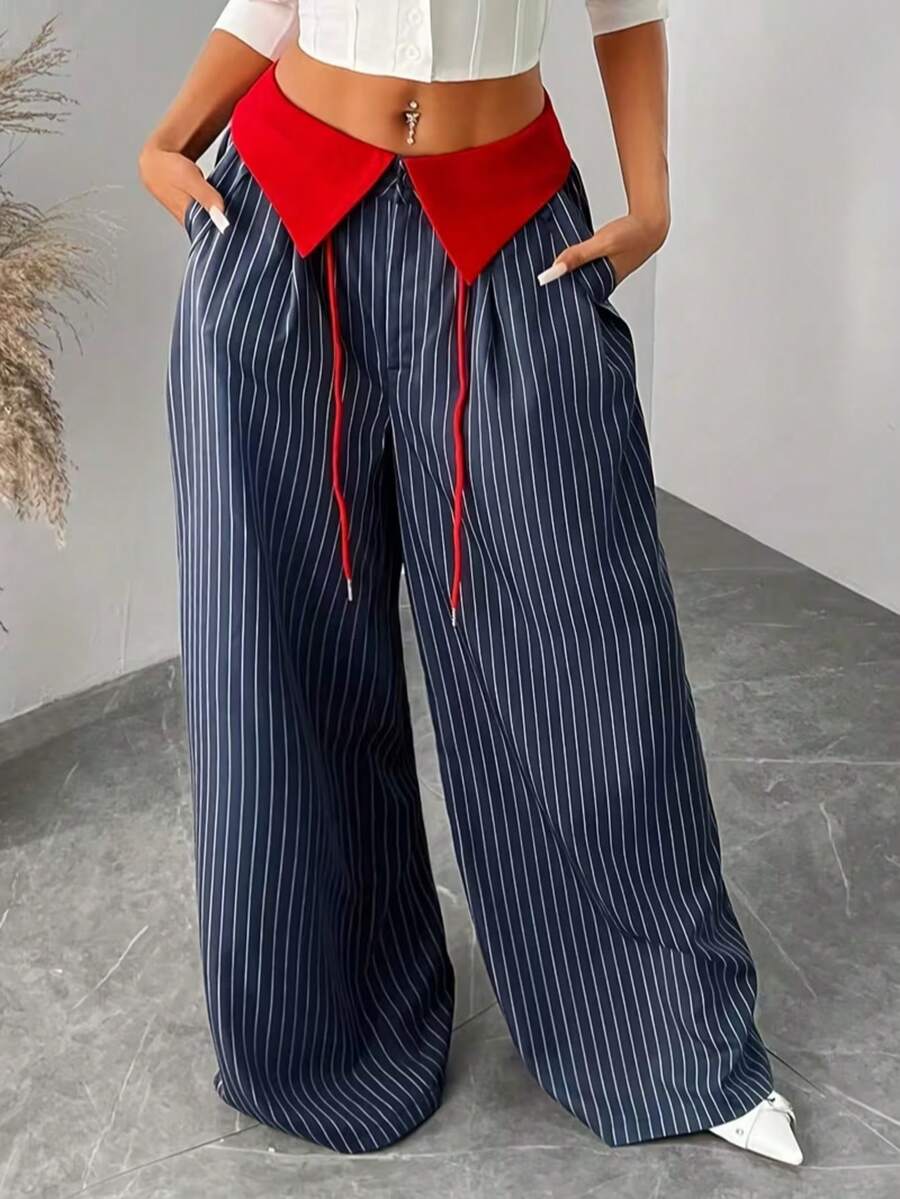 Celana Kasual Wanita Model Lebar Bergaris dengan Warna Kontras untuk di Rumah & Kantor - MultiWarna - View 1