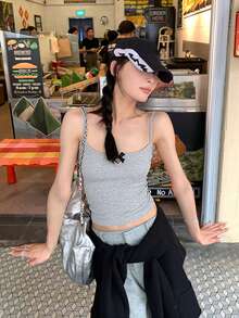 夏季修身镂空蝴蝶结带衬垫短款吊带背心，百搭 - 灰色 - 查看 9