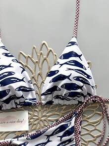 2pcs Retro Floral Colorblock Plaid Print Bikini Swimwear, Suitable For Beach, Pool, Cruise, Party In Spring And Summer Vacation - White-based Blue Fish - View 4