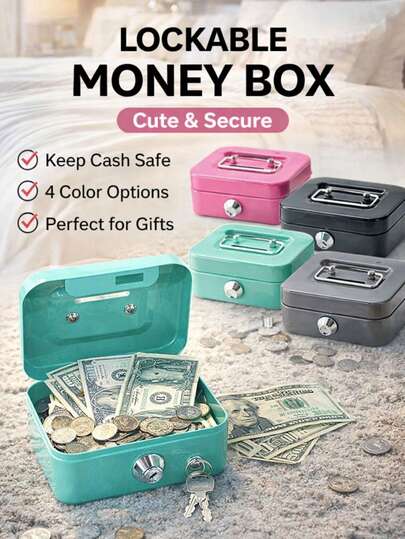 1 pieza Caja de almacenamiento con cerradura de metal portátil y creativa, caja de dinero, caja de depósito para adultos, caja de depósito de monedas, caja de depósito, caja registradora (cartón aleatorio o sin cartón)