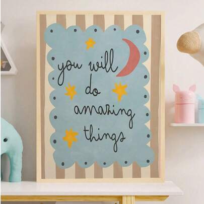1 Tranh (Có khung/Không khung) "Bạn sẽ đạt được những điều tuyệt vời" Tranh treo tường cho bé trai, Poster màu xanh dương, Trang trí nhà cửa, Tranh treo tường cho bé trai, Tranh phong cách Bohemian có khung cho phòng trẻ em, Lý tưởng để trang trí phòng chơi, phòng trẻ sơ sinh.