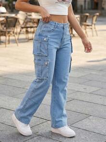Straight Leg Cargo Pants For Women - Rigid Denim Jeans With Utility Pockets, Non-Stretch Streetwear Trousers, Casual Everyday Fashion - Rửa nhẹ - Xem 3
