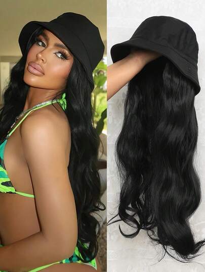 26英寸波浪卷发假发带帽，耐热假发，黑色长卷发假发带帽，女士黑色渔夫帽假发