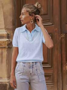 女士纯色马海毛纽扣短袖Polo衫，休闲夏季款 - 藍色 - 查看 3