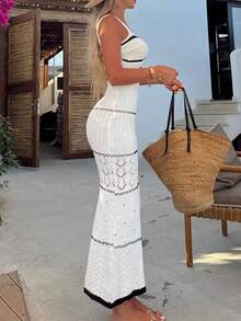 女士新款极简撞色滚边镂空开衩度假连衣裙 - 白色 - 查看 5