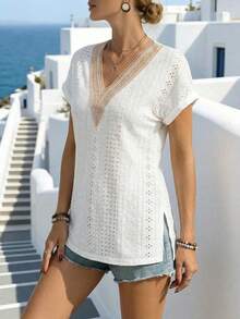 Women's White Hollow Embroidered V-Neck Blouse, Elegant Lace Trim Short Sleeve Summer Top Casual - White - View 4