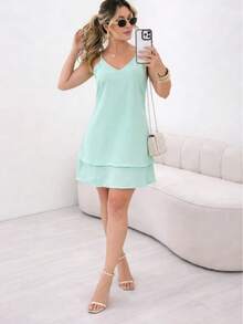 Women's Short, Loose-Fitting Dress With Layers And Ruffles In Candy Colors For Summer, With Adjustable Straps. - 薄荷綠 - 查看 4