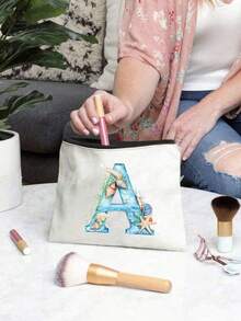 Bolsa de maquillaje impresa con diseño de estrella de mar, concha y elementos oceánicos, con letras del alfabeto A-Z. Bolsa de almacenamiento con estampado de letras de moda, bolsa de cosméticos para almacenamiento de artículos pequeños, bolsa de almacenamiento, bolsa de maquillaje, bolsa de aseo, bolsa de almacenamiento plegable ligera, bolsa de embrague como regalo para maestros, almacenamiento para enfermeras, médicos, maestros, adecuada para el almacenamiento de cosméticos de viaje personal, esencial para vacaciones en la playa, campamento, vacaciones, regalo del Día de la Madre - Multicolor - Ver 5