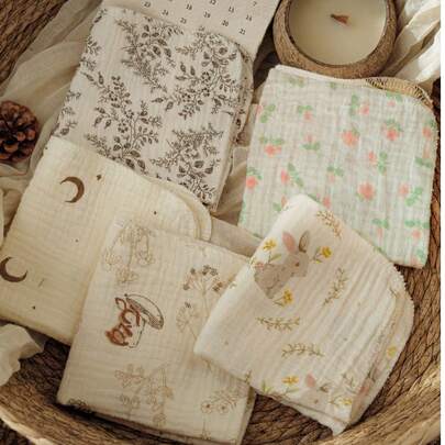 5 chiếc khăn mặt bằng vải muslin cho bé, khăn mềm mại cho trẻ sơ sinh, khăn tay nhỏ đa năng in hình dễ thương có thể tái sử dụng.