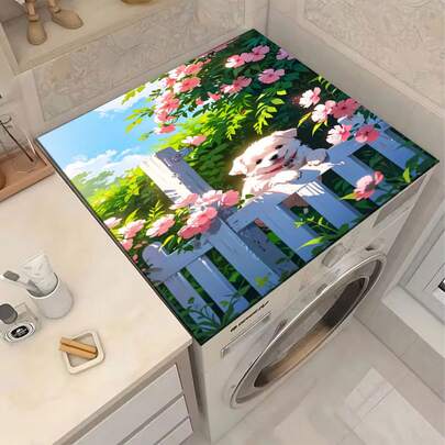 1件装花卉睡狗图案硅胶洗衣机和烘干机顶部保护垫，洗衣机防尘罩，厨房配件，防滑，适用于洗衣房、浴室、家居装饰和房间装饰