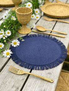 1/2/4pcs Set Natural Woven Placemats, Bohemian Style, Suitable For Kitchen, Dining Table, Indoor/Outdoor Use, Washable, Heat-Resistant, Easy To Wipe, Suitable For Camping, Holidays, Weddings, Parties - Blue - View 2