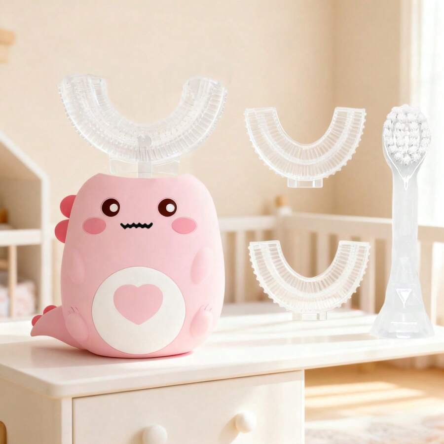 Dinosaur Electric Toothbrush,U-Shaped Electric Toothbrush,Includes 2 Replacement Brushes + 1 Straight-Handle Brush,Cartoon Toothbrush,Smart Electric Toothbrush,Suitable For Teeth Cleaning,Comprehensive CoverageAnd Effective Teeth Cleaning,150mAh - Dinosaur Heart Design - View 1