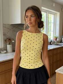 Women Tank Top, Sleeveless Tops Crew Neck Tie-up Dots Print Slim Fit Summer Clubwear - Amarillo - Ver 4