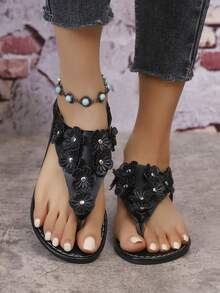 Sandal đế bằng hoa 3D cho nữ, kiểu hở mũi, có kẹp, giày casual đa năng cho mùa hè. - màu đen - Xem 5