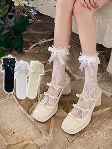 1/3 Pairs Spring/Summer Thin Knee-High Socks, Ballerina Style Mid-Calf Socks, Lolita Bow Socks, Mesh Hollow Stockings, No-Show Socks, Lace Trim Straight Tube Socks - Multicolor - View 2