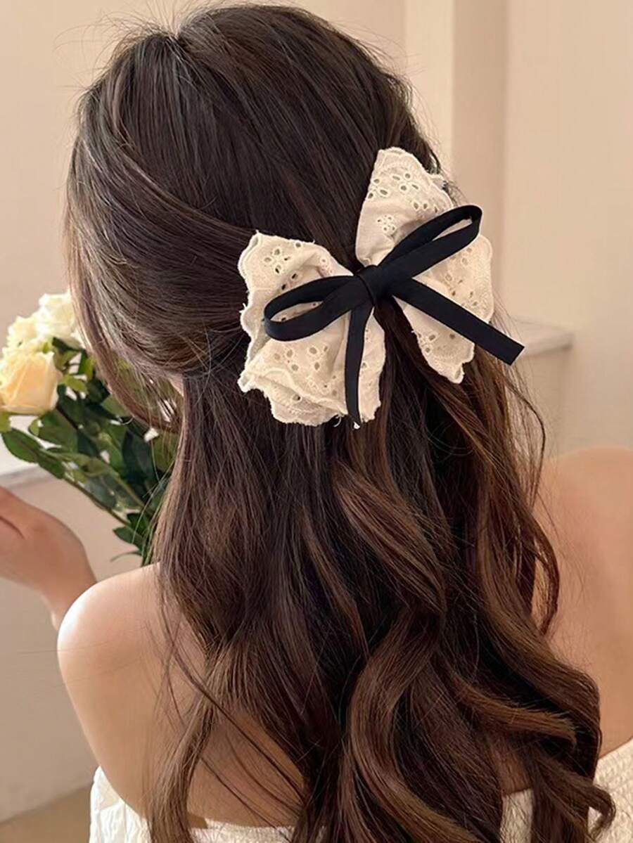 1 pièce Pince à cheveux avec nœud en dentelle française, épingle à cheveux de style vintage pour coiffure mi-relevée, accessoire capillaire polyvalent pour femmes, été, vacances, voyage, accessoires de tête, pinces à cheveux - Noir - Voir 1