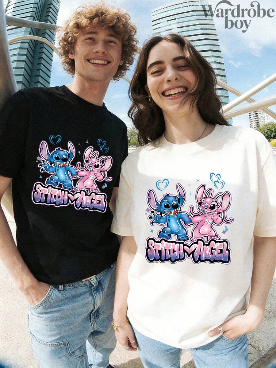 Disney 1PC Authorized Cartoon Couple Short Sleeved T-Shirt, Cartoon Stitch Pattern Couple Printed T-Shirt, Perfect For Family Outings And Vacations. This Is A New 2026 Short Sleeved T-Shirt, An Ideal Choice For Mother's Day, Suitable For Both Men And Women. Made Of High-Quality Pure Cotton, Comfortable And Breathable All Year Round. Exquisite Design Is The Preferred Gift - 男人 - 查看 1