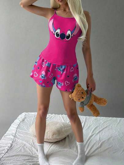 Disney Bộ đồ ngủ in họa tiết Stitch 2 món dành cho nữ, gồm áo hai dây và áo cổ tròn, đồ mặc nhà thoải mái cho mùa xuân và mùa thu.