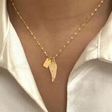 1pc New Fashion Rectangular Letter Angel Wing Pendant Stainless Steel Gold Lip-Shaped Chain Necklace For Women - Yellow Gold - View 1