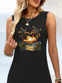 Imitation 2D Coconut Beach Pattern Printed Tank Dress 6424 - Xám - Xem 3