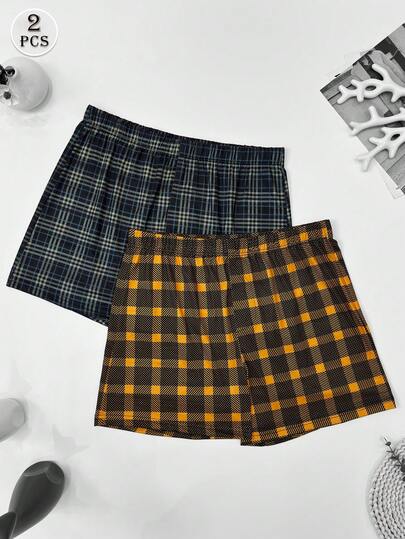 2 chiếc quần boxer nam dáng rộng, thoáng khí, in họa tiết kẻ caro, cạp chun, quần short thường ngày cho mùa hè