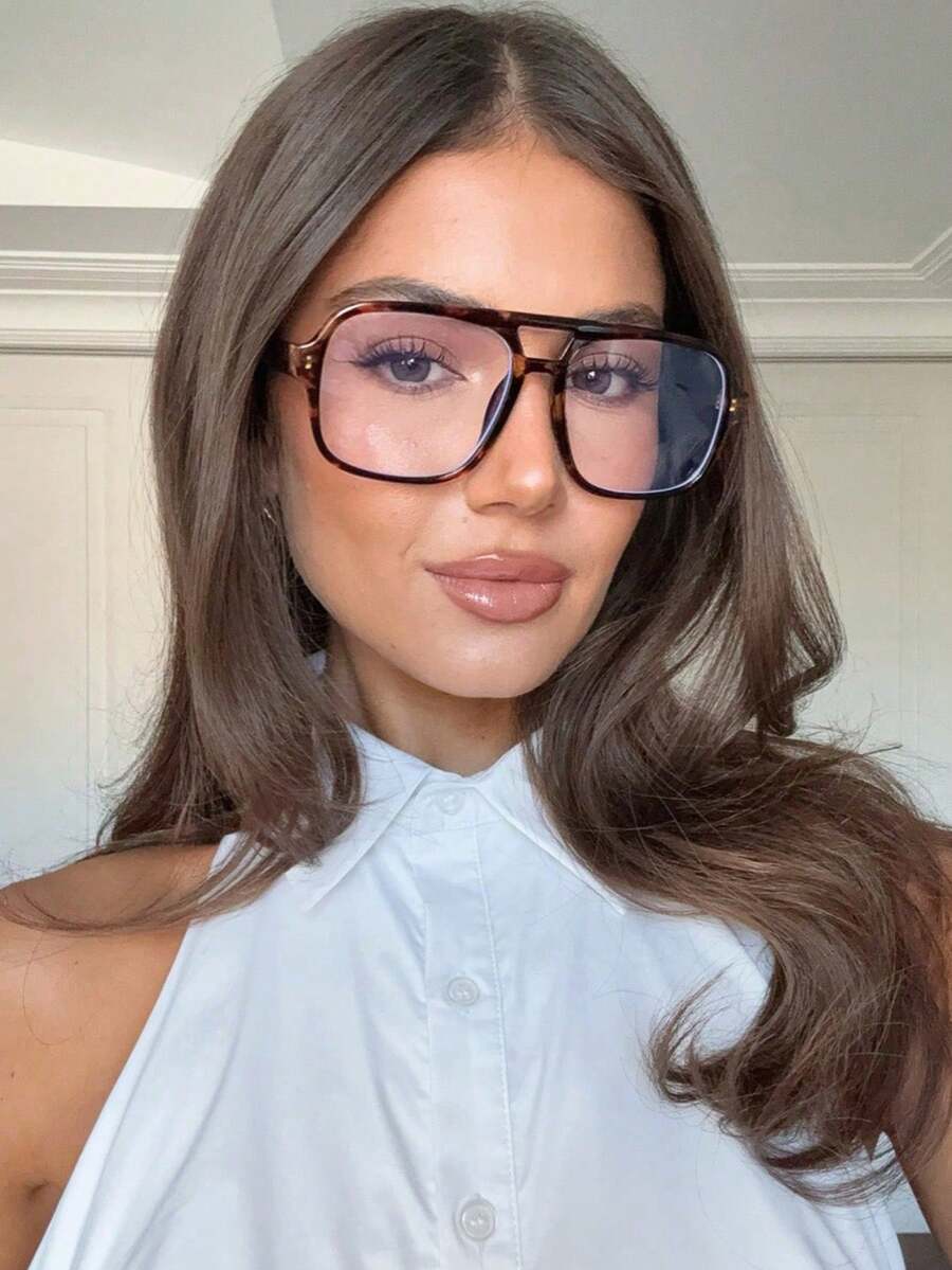 1 szt. Duże kwadratowe oprawki okularów z podwójnym mostkiem, przezroczyste, retro, casualowe, unisexowe, odpowiednie do noszenia na co dzień, w stylu ulicznym, na podróże i święta, jako dodatek dla kobiet, prezent dla dziewczyny, prezent urodzinowy i świąteczny - wielobarwność - Zobacz 1