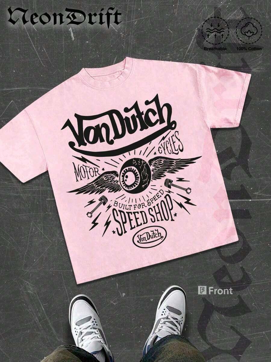 NeonDrift Street Cotton T-Shirt 100% Cotton Fabric Unisex Style-Van Dutch Motor Cycles Speed Shop Graphic T Shirt Vintage Style Print Classic Americana Design For Car Enthusiasts And Biker Culture Fans Casual Wear Streetwear Fashion Men's Apparel100%Cotton - 粉色 - 查看 1