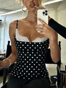Women Polka Dot Y2K Cami Top Lace Trim Spaghetti Strap Tank Top Fairy Backless Dot Print Going Out Camisole - 黑色 - 查看 2