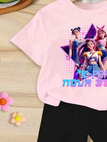 两件套少女休闲时尚创意独特清新简约卡通印花上衣和配套短裤套装，适合日常和假日休闲穿着。 - 粉色 - 查看 5