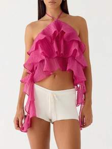 Women Ruffle Halter Tie Neck Crop Top Chiffon Frill Trim Spaghetti Sleeveless Backless Ruffle Layered Hem Cami Top Summer Going Out Tops - 玫紅色 - 查看 2