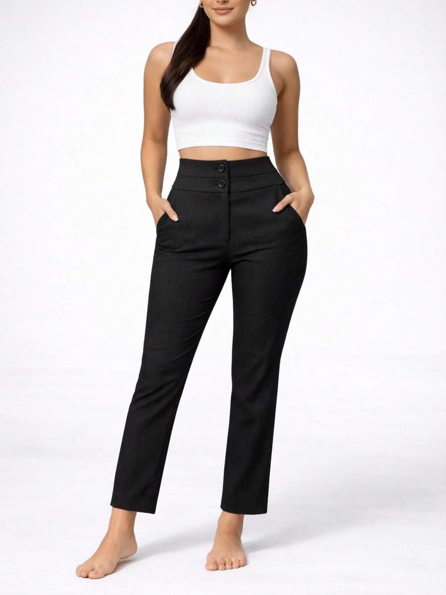 Women's Linen Trousers, High Waist, Tailored Premium Style, Body-Shaping, Casual Chic - màu đen - Xem 1